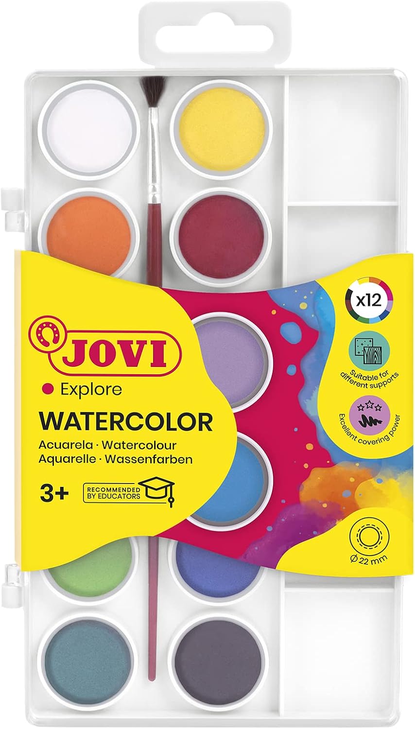 Jovi Watercolor Box 12 Tablets 22 Mm - Assorted Colours + Brush