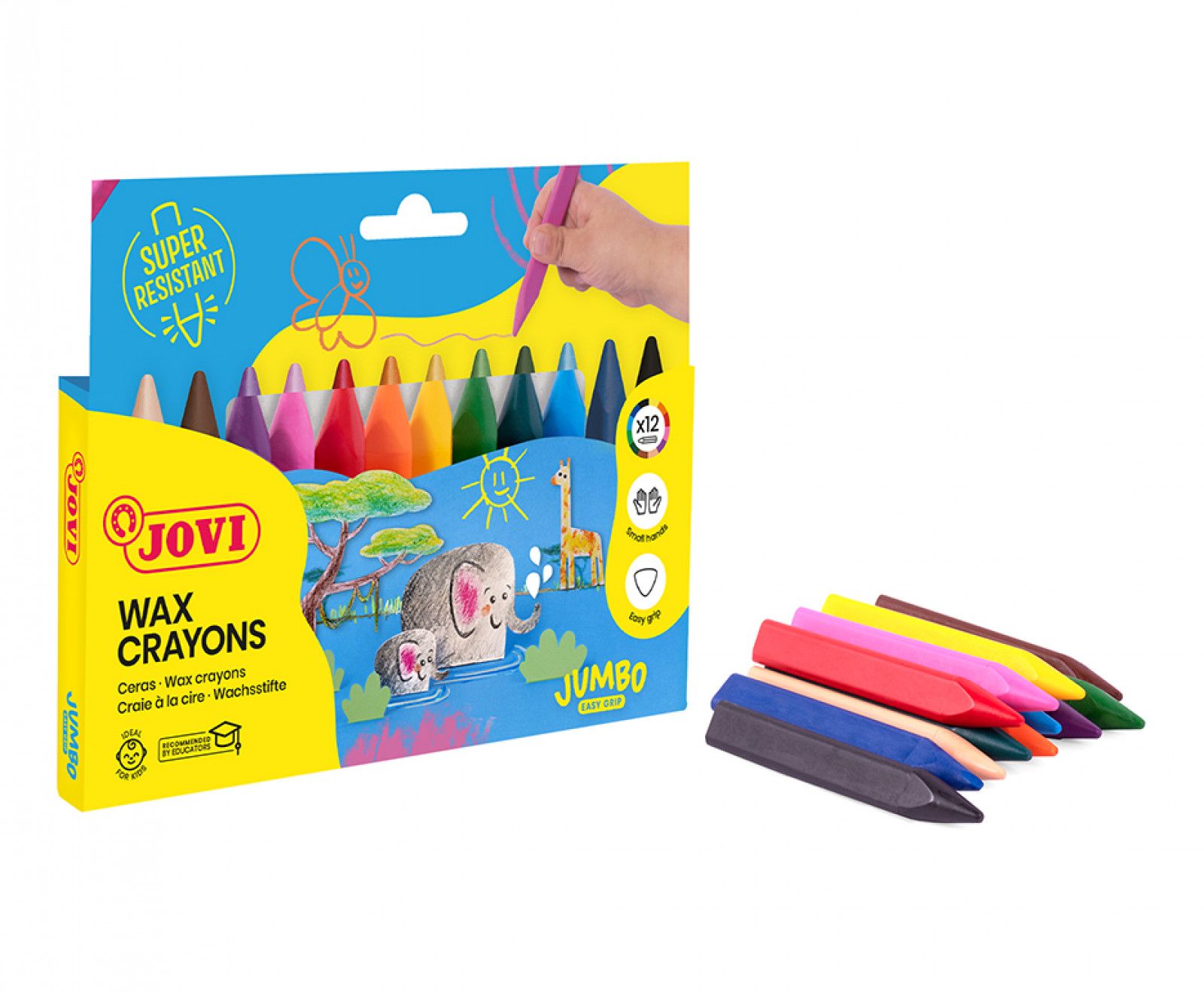 Jovi Jumbo Easy Grip Case 12 Triangular Wax Crayons Assorted Colours