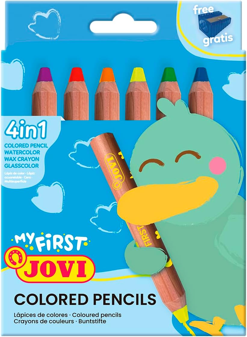 Jovi My First Coloured Pencil Case 6 Wooden Pencils 4 In 1 Assorted Colours + Pencil